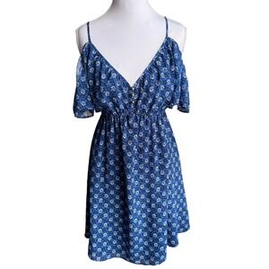Juicy Couture Blue Floral Cold Shoulder Mini Dress Small V-Neck Elastic Waist
